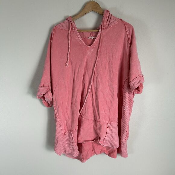 easel Tops - Easel L 100% Cotton Oversized Waffle Poncho Sweatshirt Pink Hoodie Mixed Media